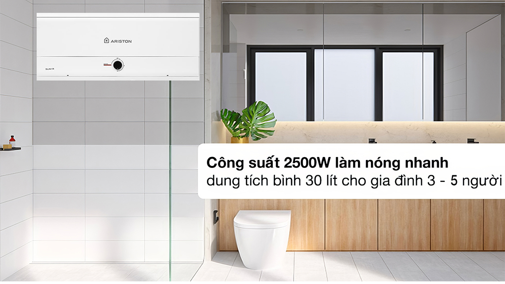 Với dung tích 30 lít, Ariston SLIM3 30 R MT VN đáp ứng tốt nhu cầu sử dụng nước nóng cho gia đình từ 3-5 thành viên