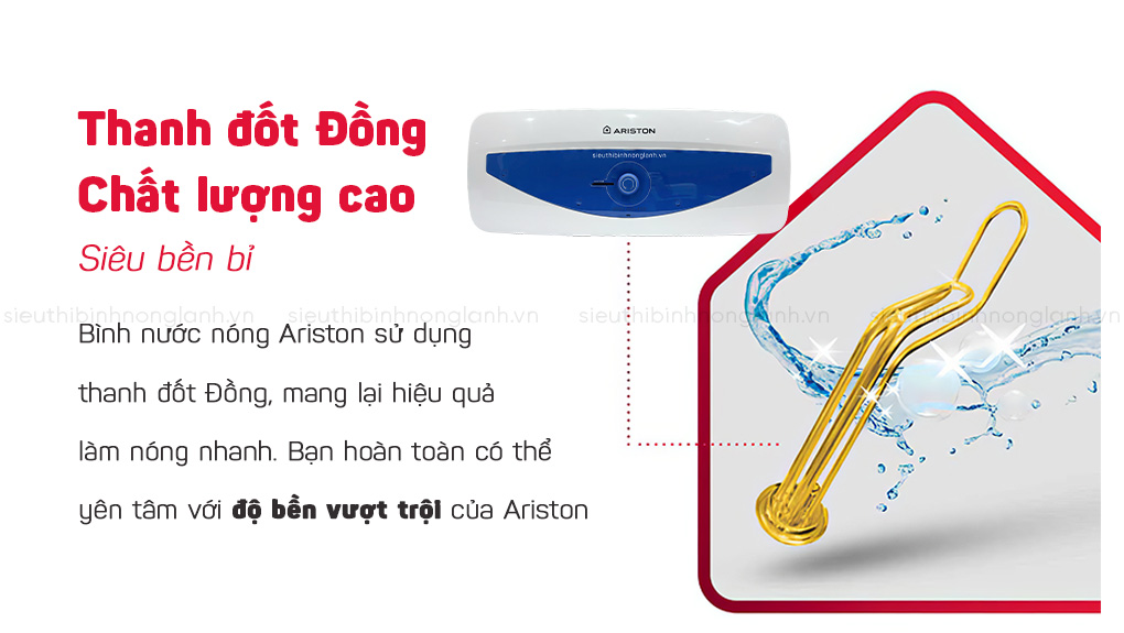 Thanh đốt bằng đồng 100%: Chống bám cặn, truyền nhiệt nhanh, tăng độ bền hơn 50% so với thanh đốt thép không gỉ, đảm bảo nguồn nước sạch và hiệu quả làm nóng ổn định.