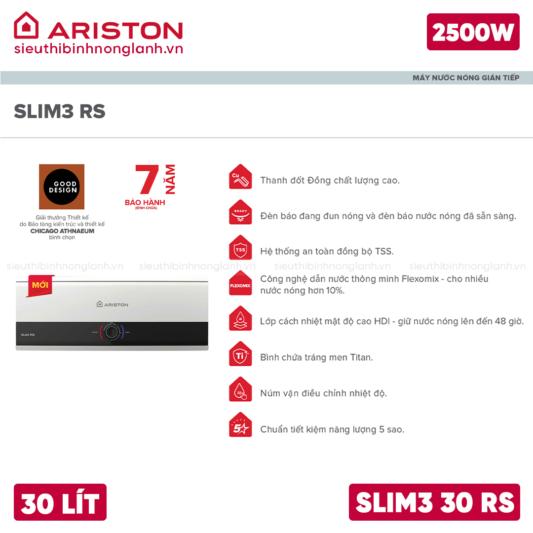 Tính năng chính của bình nóng lạnh Ariston SLIM3 RS 30 lít