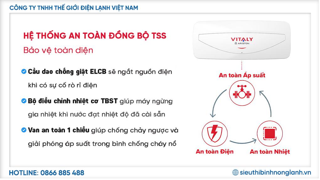 Hệ thống an toàn TSS gồm Rơ le nhiệt, ELCB chống giật,Van 1 chiều xả áp