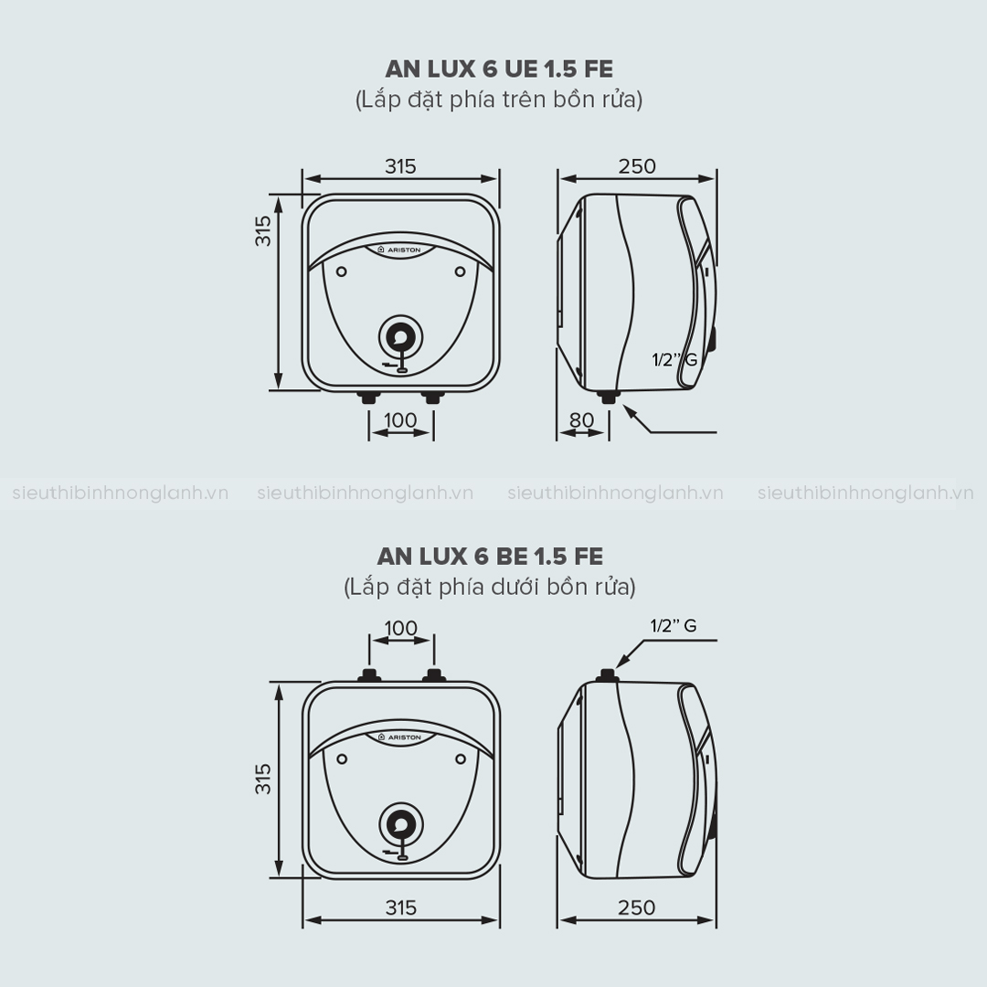 Thông số kích thước Bình nóng lạnh Ariston An Lux 6 Lít