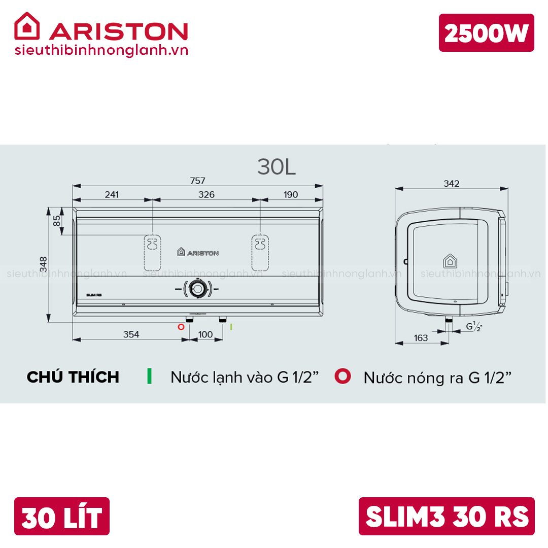 Kích thước bình Ariston SLIM3 RS 30 lít