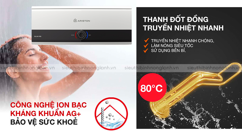Một trong những điểm nổi bật của Ariston SLIM3 30 RS AG+ VN là tích hợp công nghệ Ion Bạc AG+ tại lối nước vào
