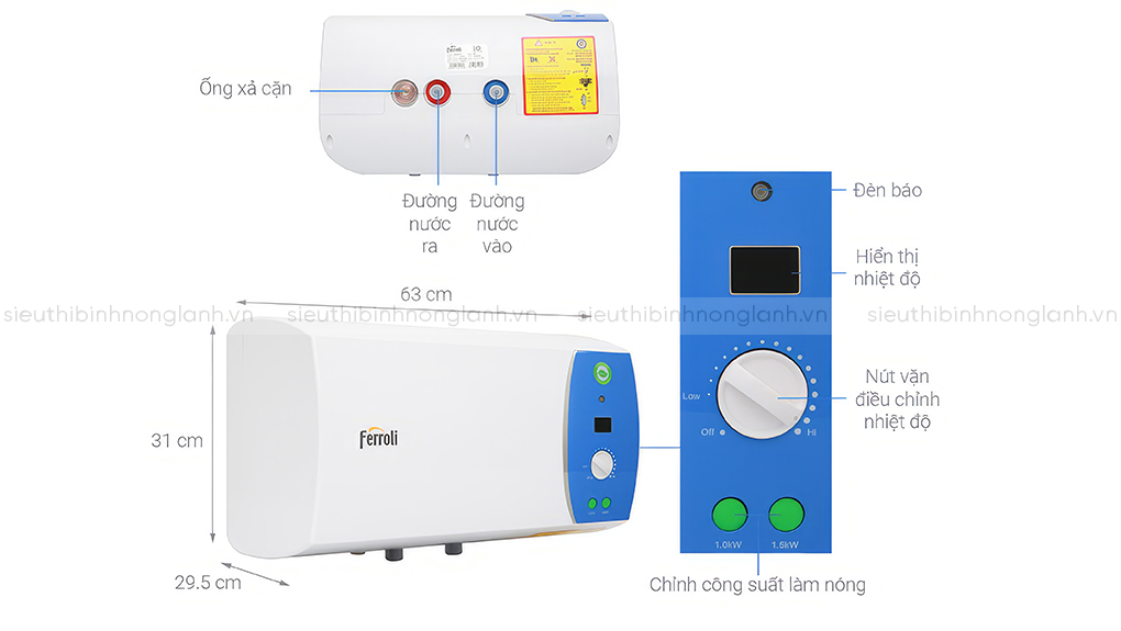 Kích thước bình nóng lạnh ferroli verdi ae 20 lít