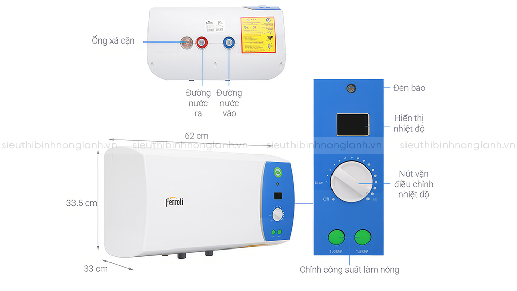 Kích thước bình nóng lạnh ferroli verdi ae 30 lít