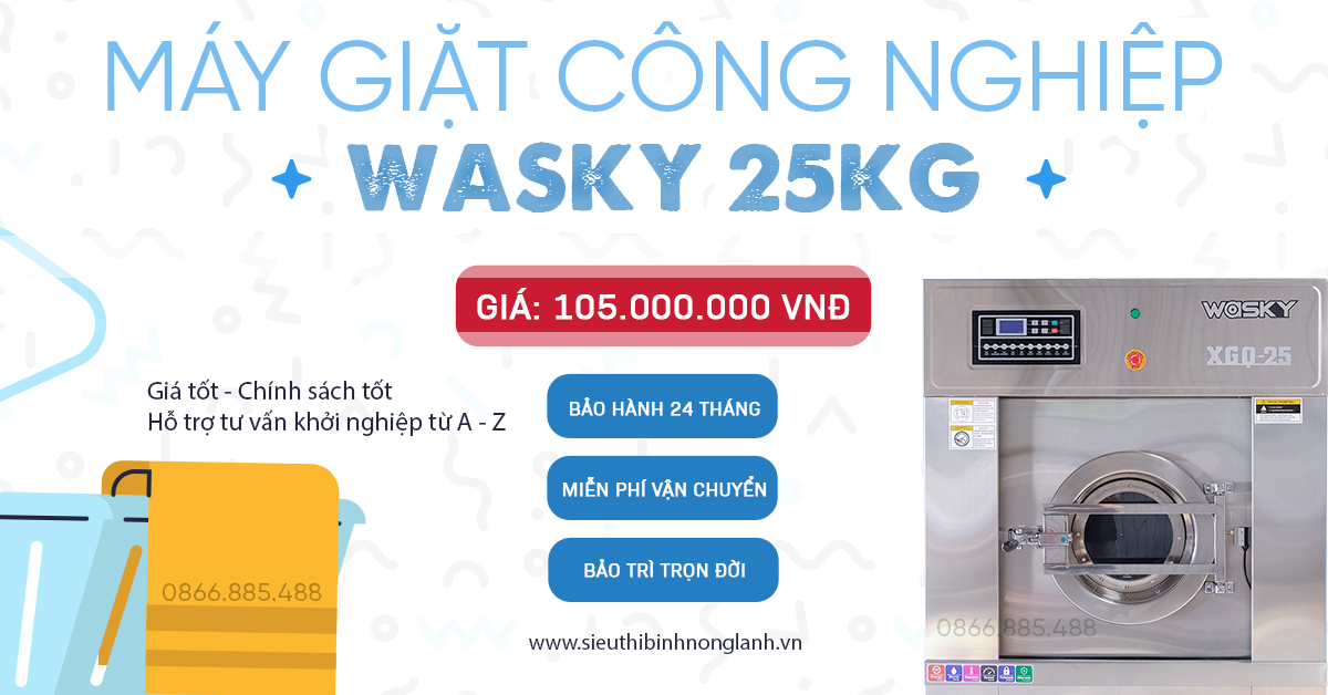 Máy giặt công nghiệp 25kg Wasky là thiết bị được thiết kế chuyên biệt để xử lý khối lượng lớn quần áo, chăn ga, khăn tắm với công suất 25kg mỗi mẻ giặt