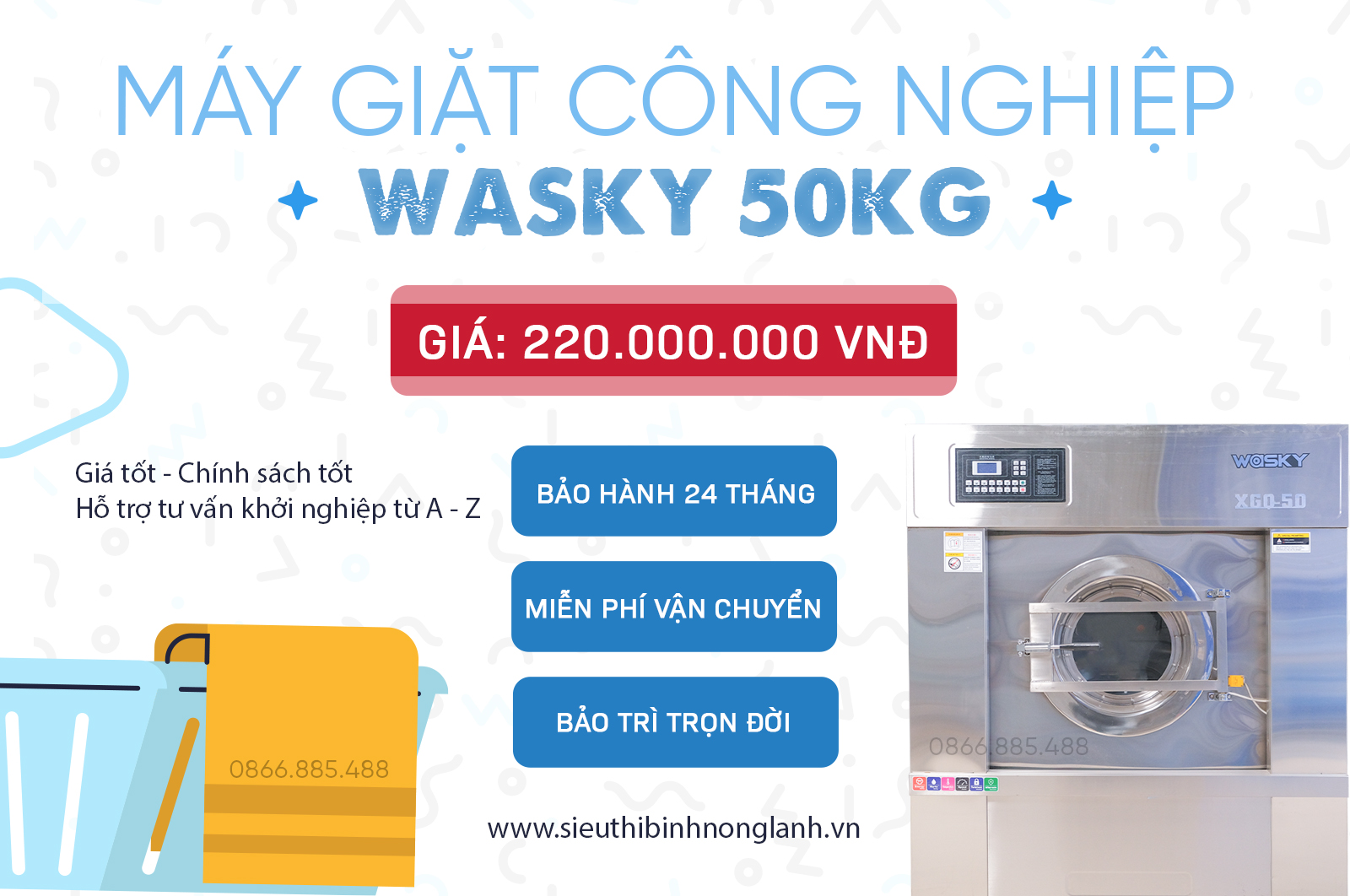 Máy giặt công nghiệp Wasky 50kg là sản phẩm chân mềm thế hệ mới nhất