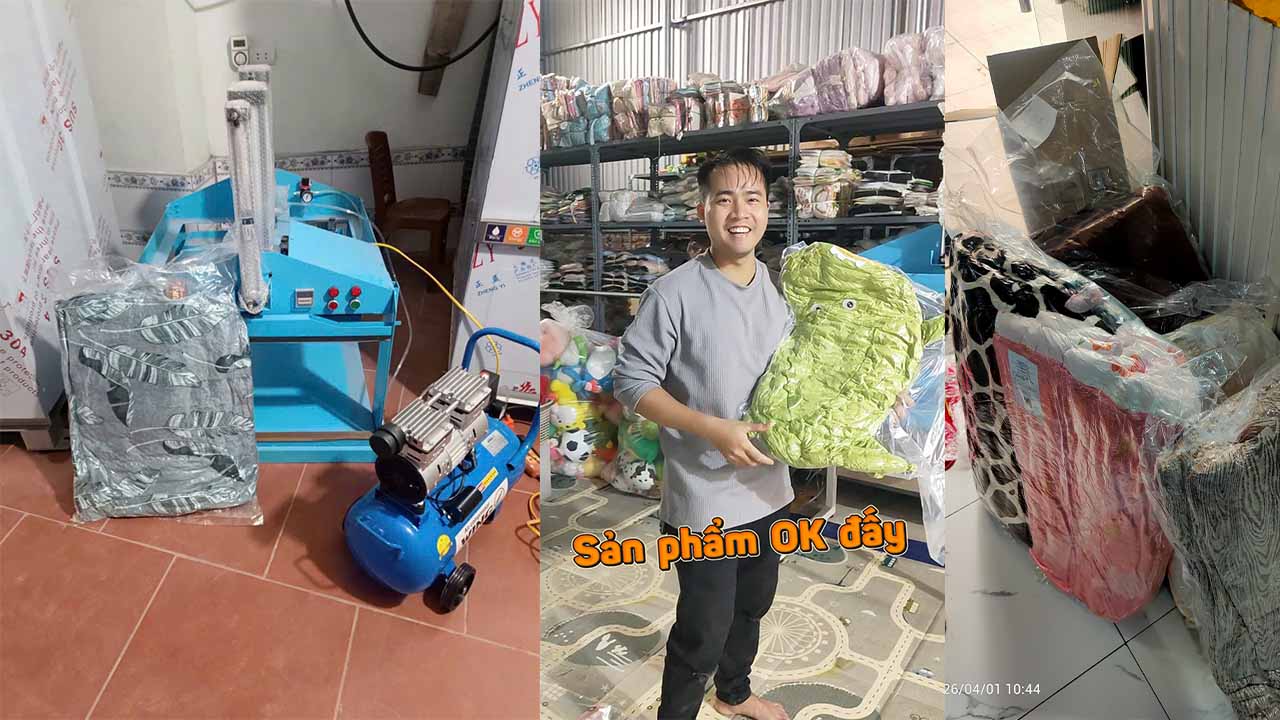 máy ép chăn ga gối gấu và hàn miệng túi giúp sản phẩm gọn gàng