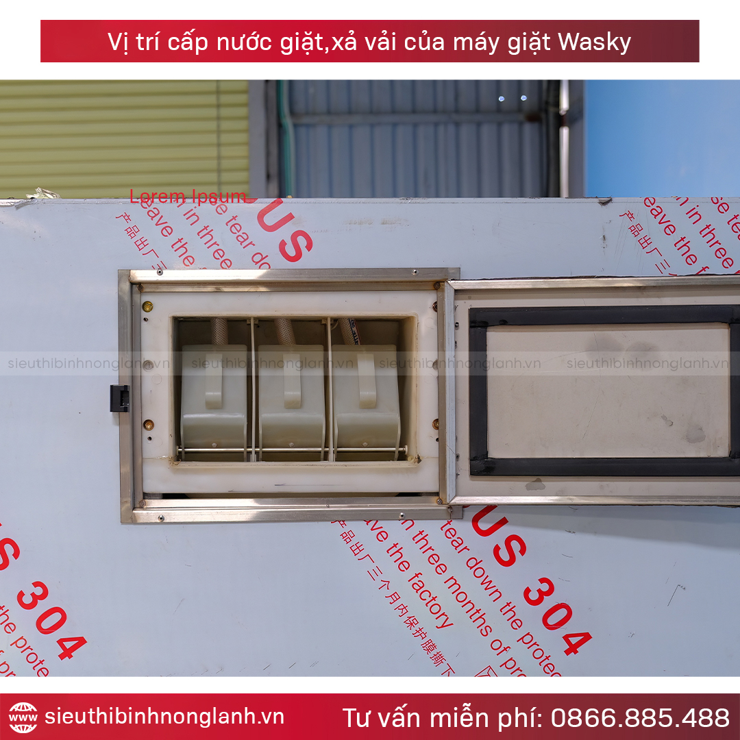 Vị trí cấp nước giặt và xả vải của máy giặt công nghiệp wasky
