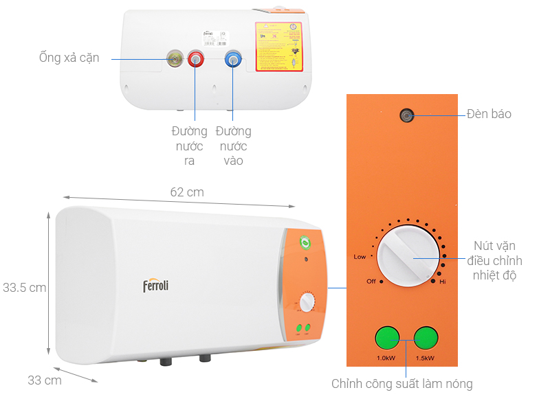 Bình nóng lạnh FERROLI 30L VERDI TE kích thước