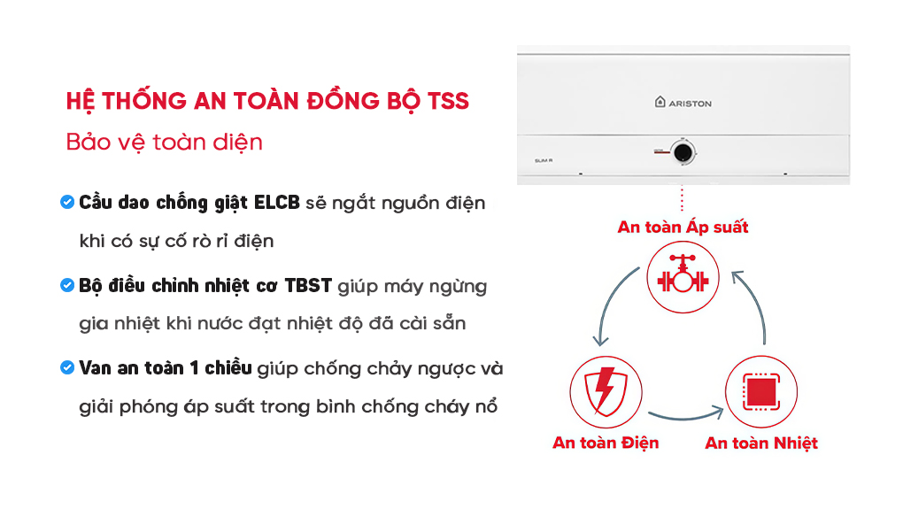 Ariston SLIM3 30 R MT VN được trang bị hệ thống an toàn đồng bộ TSS, mang lại sự an tâm tuyệt đối cho người dùng